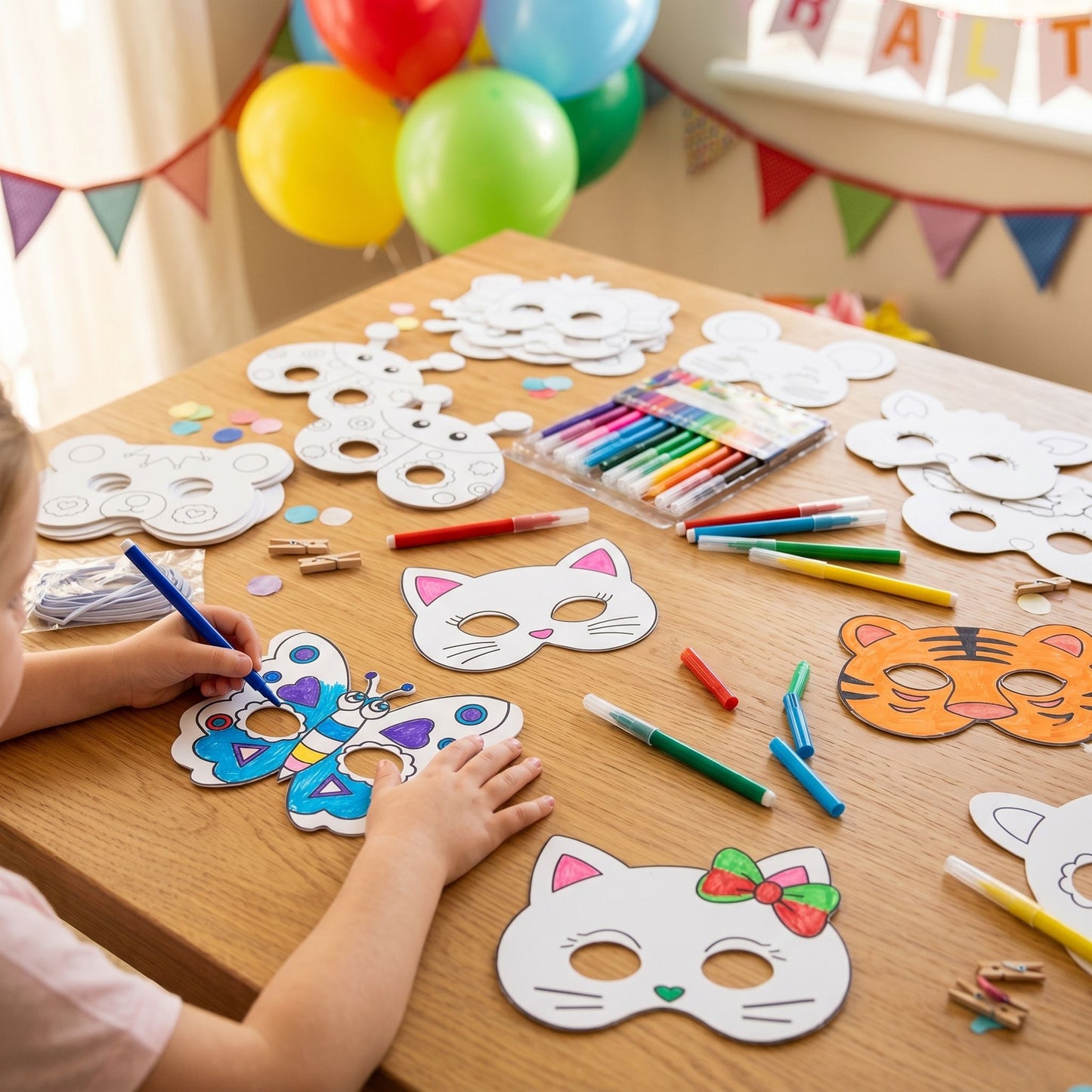 kids coloring animal masks at party
