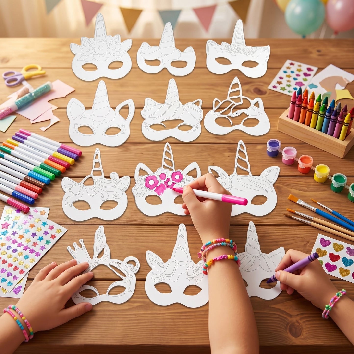 kids coloring unicorn full face masks at party