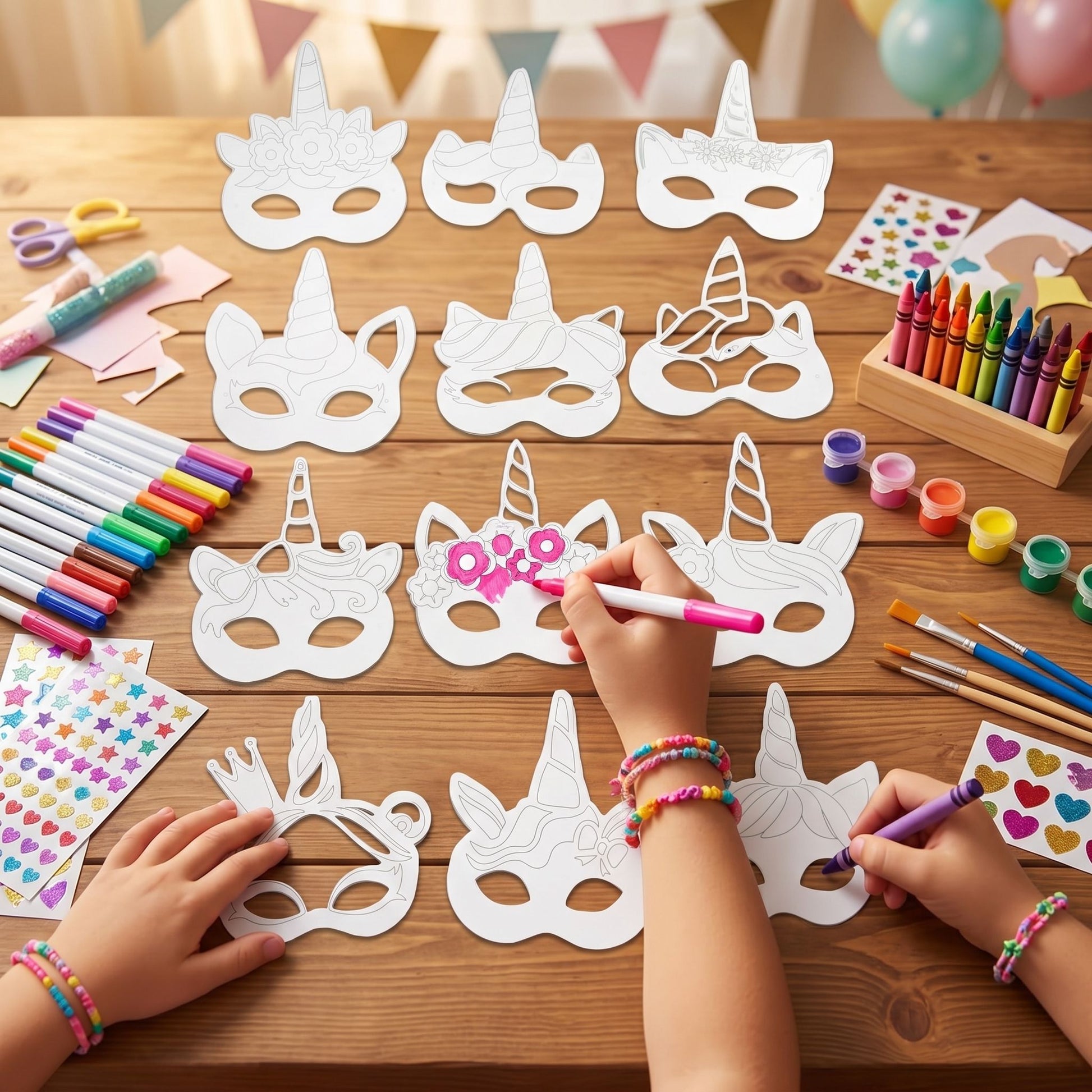 kids coloring unicorn full face masks at party